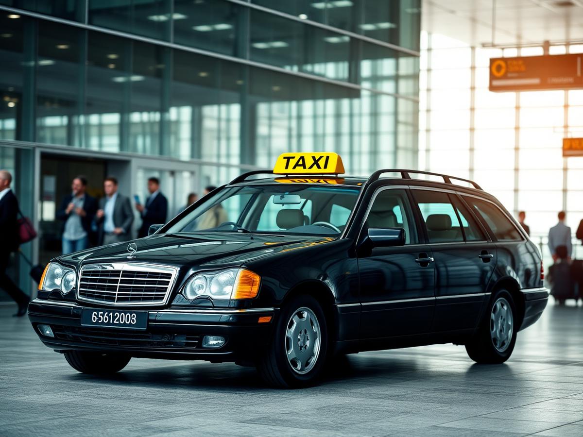 Taxi van NoordRit bij de vertrekhal van een luchthaven